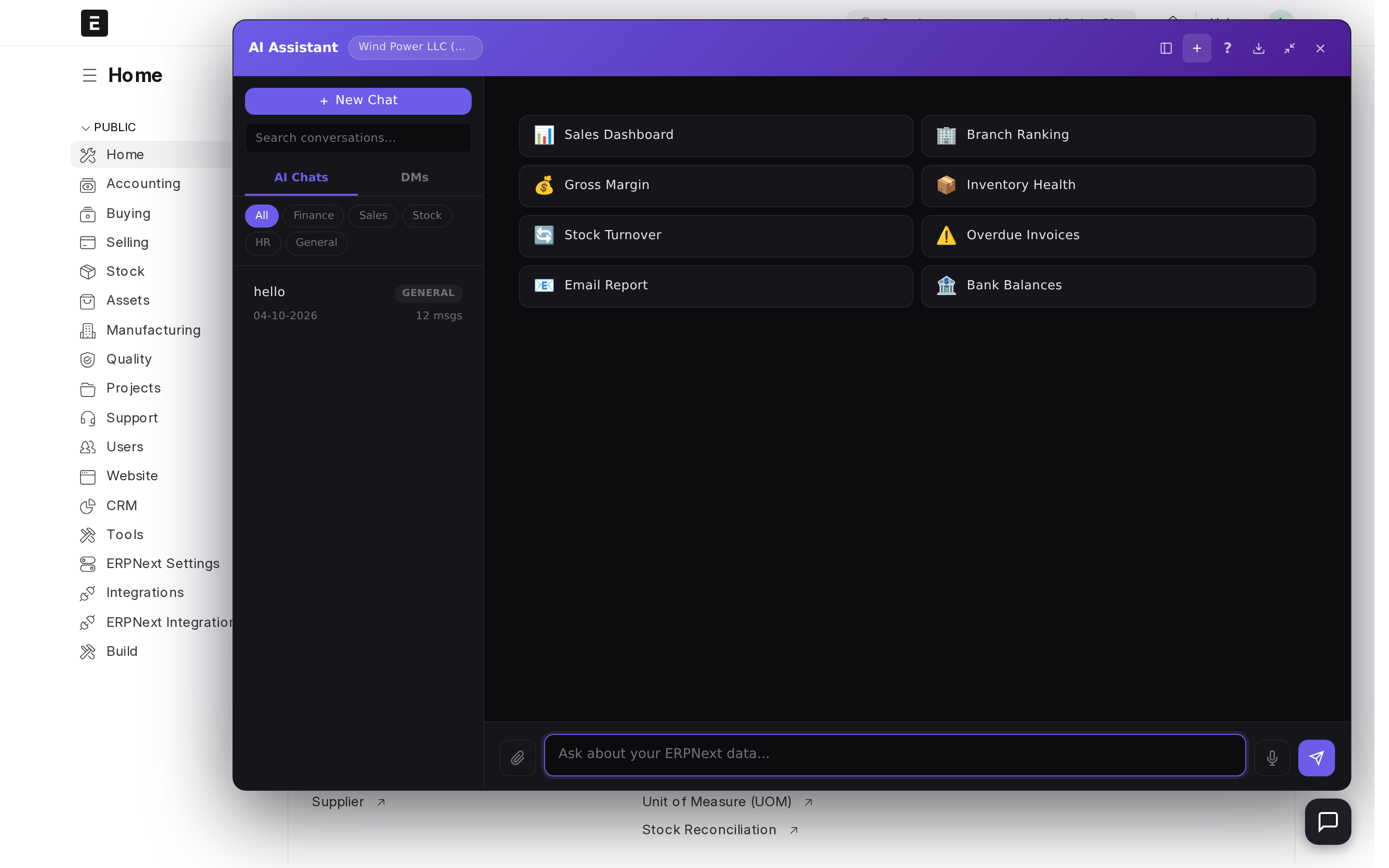 the chat panel open inside erpnext